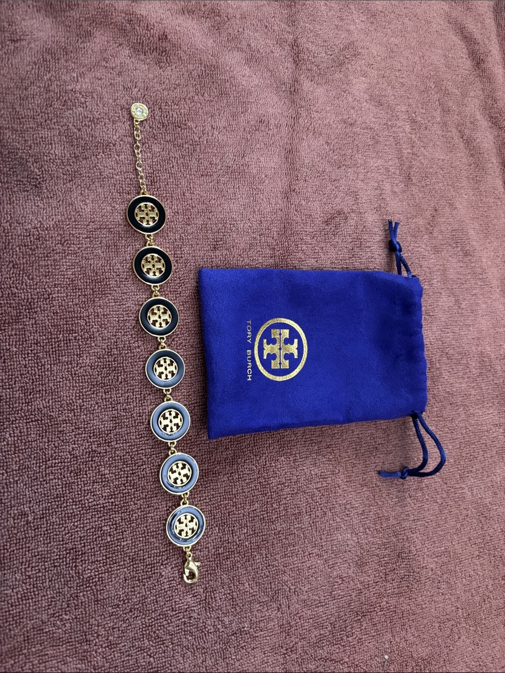 Tory Burch Gold and Black Enamel Logo Disc Bracelet